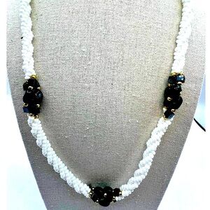 Vintage White & Green Beaded Necklace With Gold Accents.  A45
